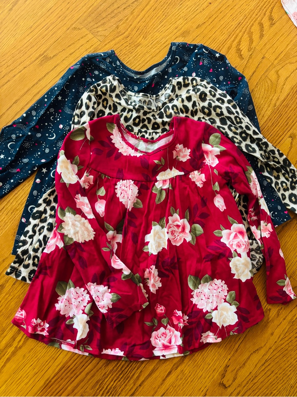Lot of 3: Girls' 5T Long-Sleeve Tunic Shirts: floral, cheetah, stars moons